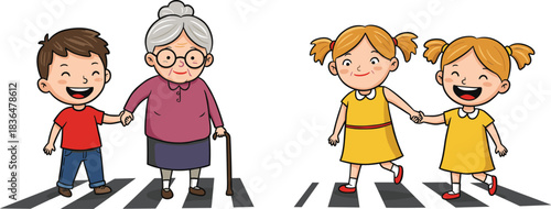 Kind Children Helping Elderly Woman, Girl and Boy Assisting Senior Lady Step