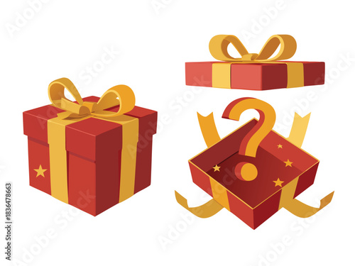 Red gift boxes with golden ribbons and a question mark, perfect for adding mystery and excitement to promotions, sales, and events transparent background