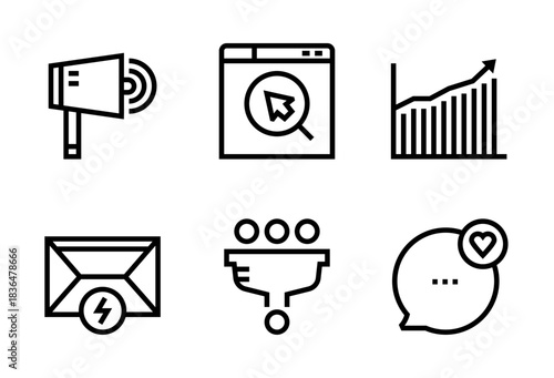 Pack de iconos de marketing digital. Megáfono promocional, búsqueda web, gráfica de crecimiento, correo energético, embudo de ventas y mensaje con corazón. Diseño vectorial lineal