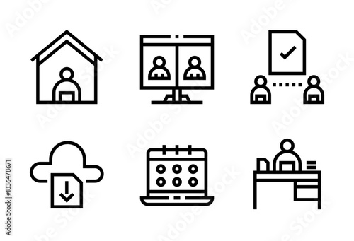 Pack de iconos de trabajo remoto. Persona en casa, videollamada, colaboración de personal, nube con documento, calendario digital y trabajador en escritorio. Diseño vectorial lineal
