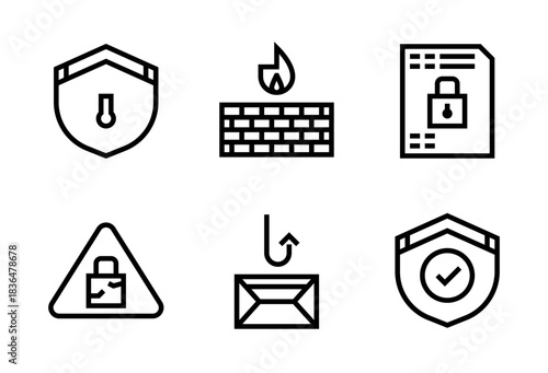 Pack de iconos de ciberseguridad. Escudo candado, firewall en llamas, documento seguro, candado roto de alerta, correo con phishing y escudo aprobado. Diseño vectorial lineal