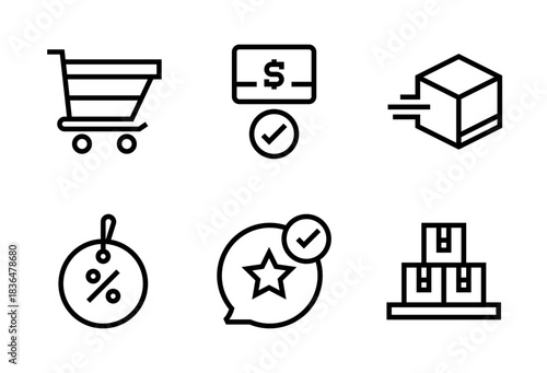 Pack de iconos de e-commerce. Carrito de compras, tarjeta aprobada, caja rápida, etiqueta de descuento, globo con estrella y conjunto de cajas. Diseño vectorial lineal