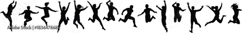 Jumping silhouette group, expressive motion, dynamic pose, black icon, celebration energy, freedom gesture, vector style, airborne figures, joy