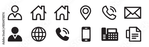 Collection of contact information icons including person, home, location, phone, and mail symbols