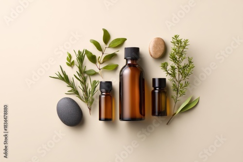 Aesthetic arrangement of amber glass bottles and natural herbs on a soft beige background for wellness