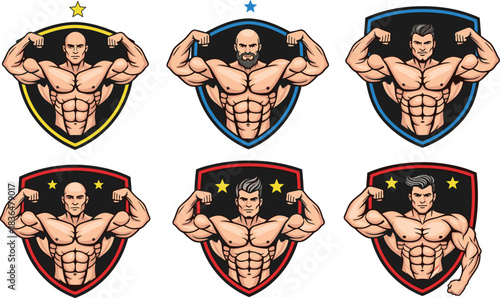 Six Muscular Bodybuilder Emblems with Different Hairstyles and Beards bodybuilding