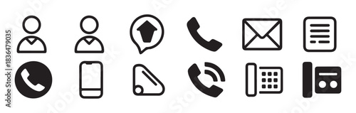 Set of contact icons with person, house in speech bubble, phone, mail, and document symbols