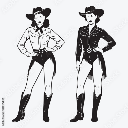 Vintage Retro Pin-up Style Cowgirl Vector Illustration Set
