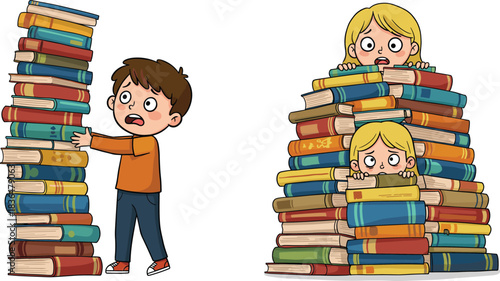 Overwhelmed Students Struggling with Huge Stacks of Books, Representing Academic Burden and Stress