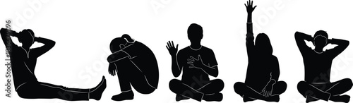 Seated silhouette emotional poses, expressive sitting gesture art, posture variation reference, relaxed and thoughtful figure illustration concept