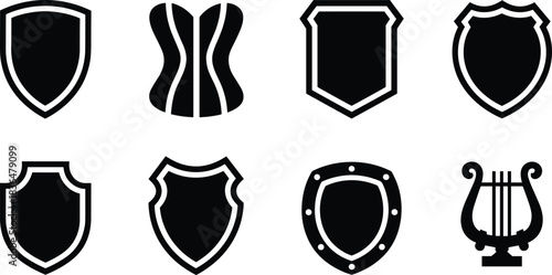 Shield icon set, heraldic shapes, graphic design, lyre symbol, black silhouette, emblem collection, medieval style, vector badge, protection theme