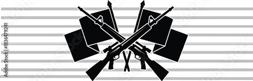 Two crossed rifles and flags against a striped background weapon