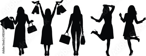 Shopping silhouette women poses, fashion retail gesture, stylish bag and purse stance, joyful consumer figure reference, lifestyle posture art