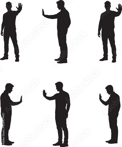 Silhouettes of men in various poses with arms raised and extended
