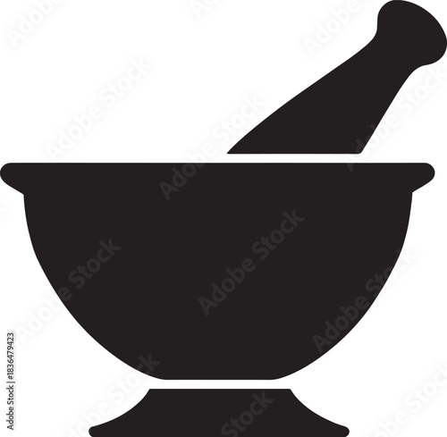 Black and white mortar and pestle illustration for pharmaceutical compounding and alternative medicine applications representing holistic wellness