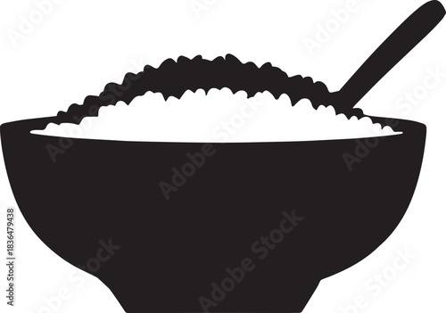 Black and White Illustration of a Bowl of Rice with a Spoon Ready to Serve a Delicious and Nutritious Meal