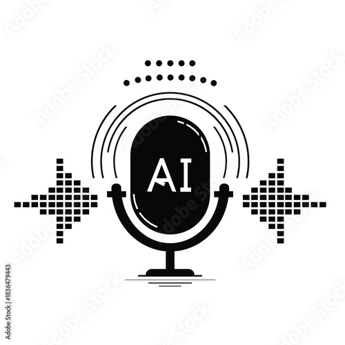 Black and white icon of a retro-style microphone with the letters "AI" and sound waves, representing voice recognition technology