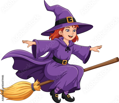 Cute cartoon witch flying on broomstick, smiling magical girl in purple dress and hat, Halloween fantasy character illustration on white background