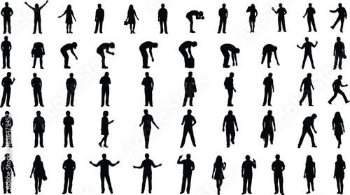 Silhouette people walking standing gesturing, fashion lifestyle posture, mobile and bag pose reference, human body movement illustration art