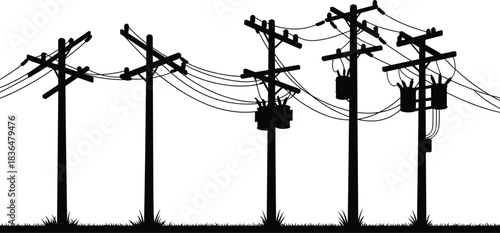 Silhouette illustration of multiple utility poles with transformers and overhead power lines, showcasing detailed electric distribution infrastruct