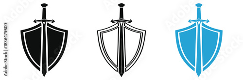 Shield and sword icon set, representing protection and defense isolated on white background,Stunning shield and sword icon for security, defense, and protection concepts,