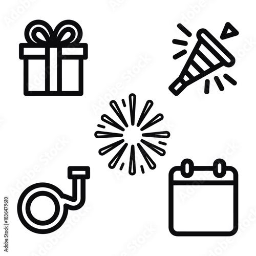 New Year party icons gift horn fireworks party blower and calendar present