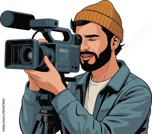 Man with beard wearing beanie filming with video camera