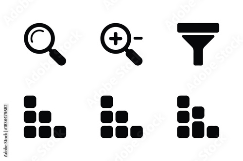 Collection of icons representing search zoom and data filtering