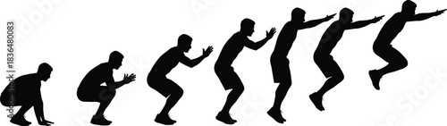 Vertical jump silhouette sequence, athletic movement pose, fitness training form, body motion reference, exercise posture illustration for sports visuals