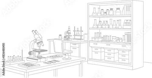 Scientific laboratory interior with microscope and glassware in a clean setting