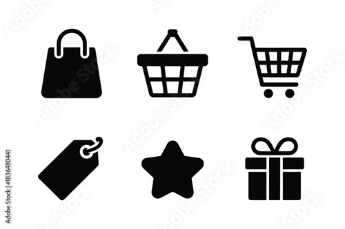 Collection of six black shopping and e commerce icons on white background
