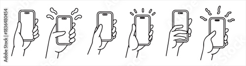 Hand holding smartphone collection with various notification and calling animations