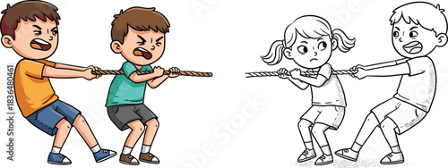 Two boys teamwork pulling rope, competing against uncolored outline kids, vector illustration.