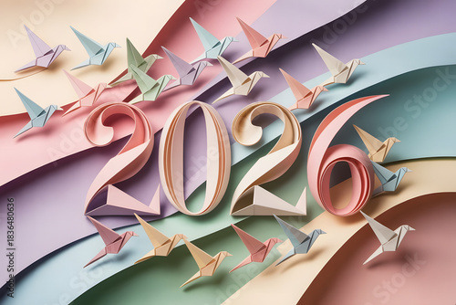 origami 2026, paper crane art, colorful origami design, pastel origami illustration, 2026 number art, origami birds artwork, creative paper craft design, cute origami numbers, decorative origami crane