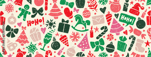 Christmas seamless pattern with crayon icons. Cute backdrop with Christmas tree, snowman, Santa hat and candy cane. Winter holiday items. Bright crayon gift box, snowflake, star and bell, vector illus