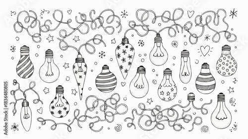 Hand drawn doodle collection of festive light bulbs and garlands.