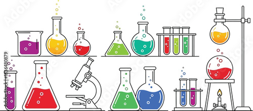 Colorful science lab equipment illustration with beakers and test tubes design