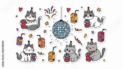 Adorable collection of cartoon cat party stickers with disco ball.