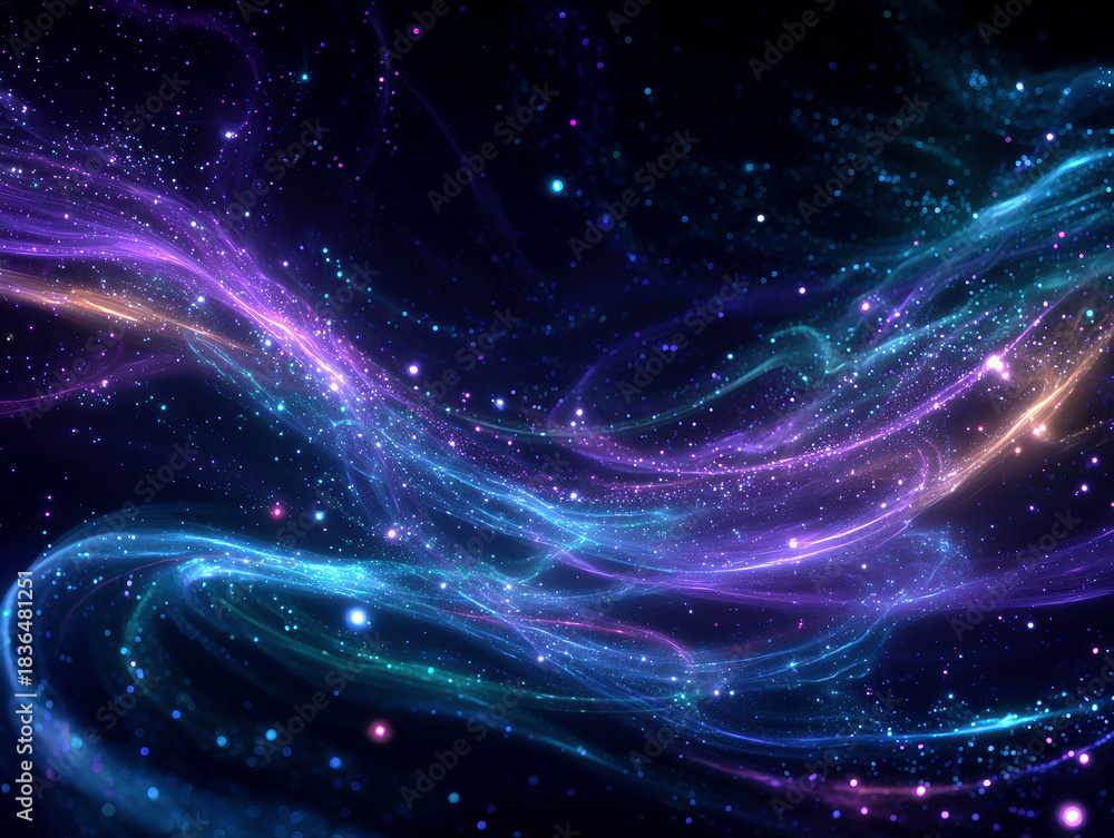 Naklejka premium Neon spiral lightning against a dark cosmic backdrop forms an energetic, mystical abstract wallpaper Central focus is a flowing, swirling nebula of purples, blues, and blacks, illumina - AI-Generated
