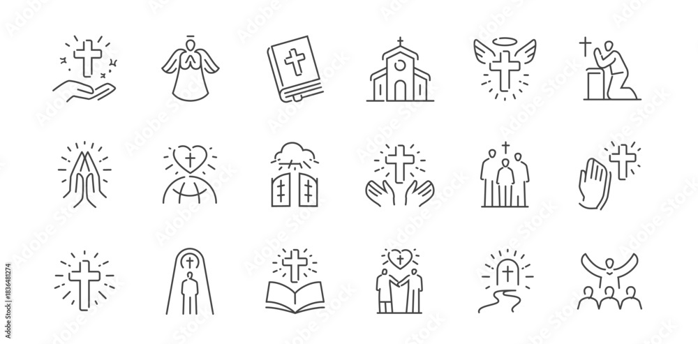 Obraz premium Religion outline icons set. Prayer, faith, spiritual, biblical symbols. Worship concept. Vector illustration