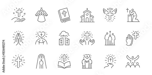 Religion outline icons set. Prayer, faith, spiritual, biblical symbols. Worship concept. Vector illustration