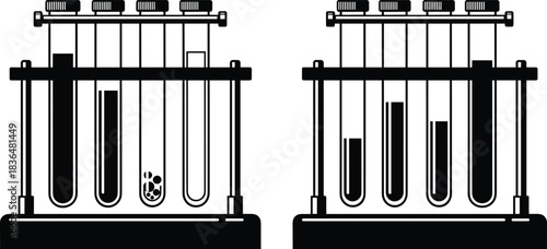 Test tubes in rack for laboratory analysis, chemistry experiment, science research, medical testing, education, equipment, vector illustration, pharmaceutical development, black and white.