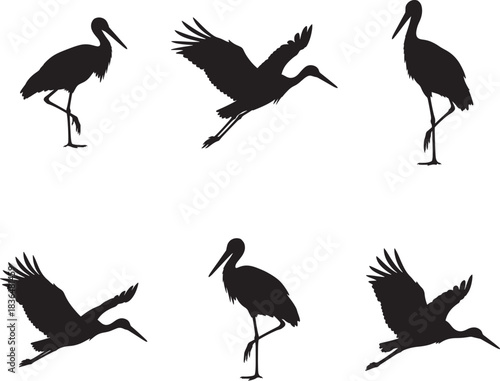 Silhouette collection of cranes in flight and standing poses against white
