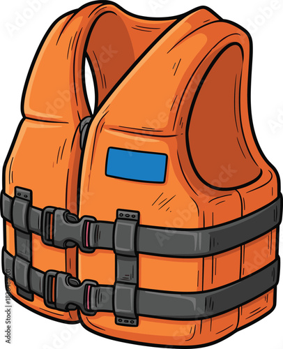 Orange life jacket illustration, mandatory water safety gear, personal flotation device, vector icon, maritime rescue, swimming protection, boating equipment, vacation, emergency.