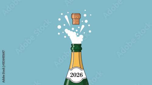 New year celebration champagne bottle popping cork bubbles for year of twenty twenty six vector art