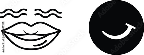 Lip and smile icon set, beauty, cosmetics, happy emotion, mouth line art, dental health, sensuality, simple vector graphic, black and white, skin care.