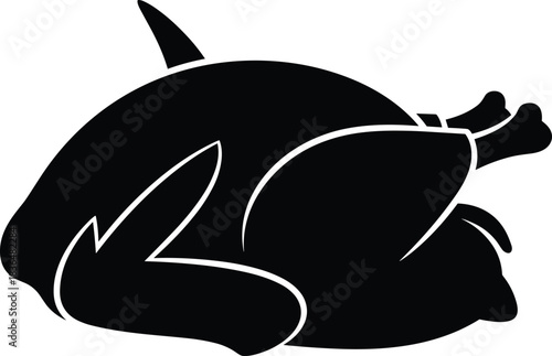 Whole roasted chicken or turkey silhouette, holiday dinner food icon, Thanksgiving, Christmas meal, cooked poultry, meat, restaurant vector, black graphic, isolated.