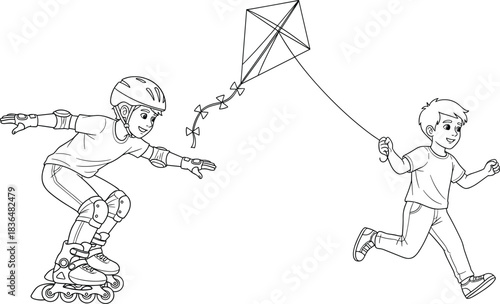 Kids playing, boy flying kite and girl rollerblading, outdoor summer activity, childhood fun, recreational sport, line art vector, healthy lifestyle, black and white.