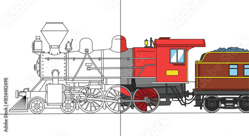 Steam locomotive half-colored illustration, vintage train, old-fashioned railway transport, outline vector, coal tender, historical travel, engine, red and black graphic.