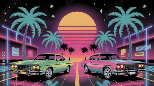 Retro 80s miami vice style scene with classic cars and palm trees